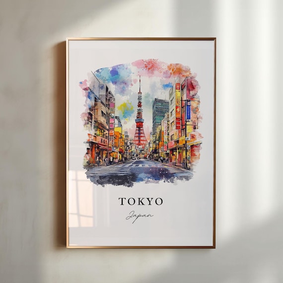 Tokyo Japan Watercolor Tokyo Tower Neon Street City Scene Poster