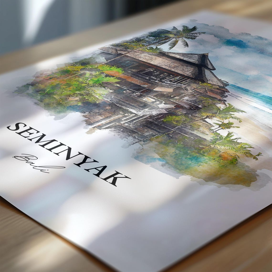 Seminyak Bali Watercolor Beach Temple Ocean Sunset Coast Poster - Image 7