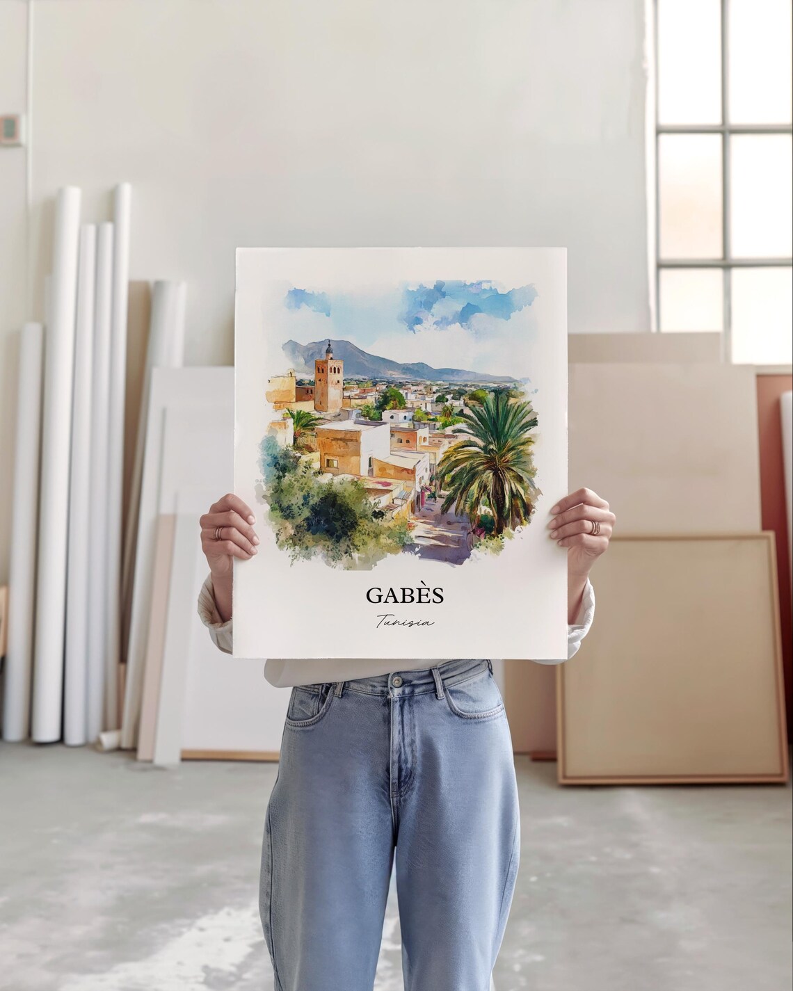 Gabes Tunisia Watercolor Old Town Minaret Palms Scene Poster - Image 5