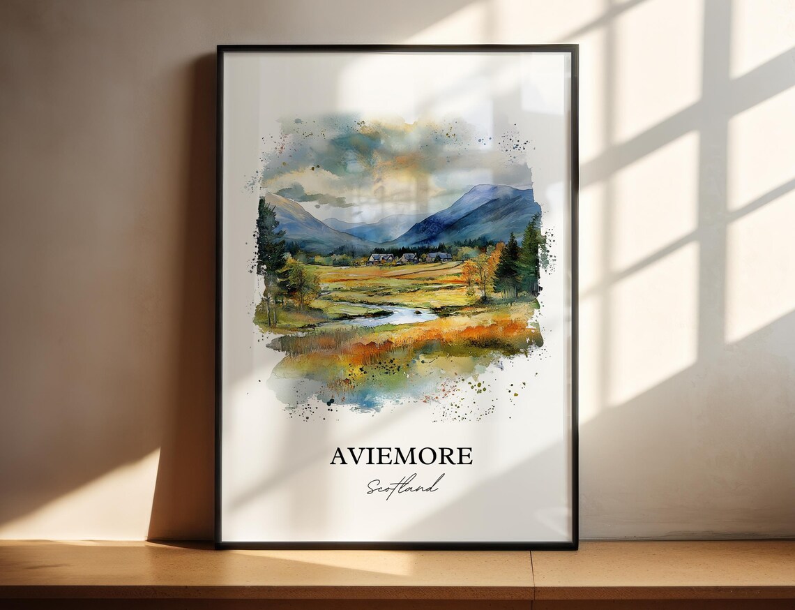Aviemore Scotland Highland Valley River Watercolor Wilderness Poster