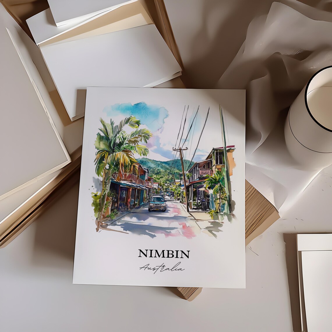 Nimbin Australia Tropical Village Street Watercolor Art Print - Image 2
