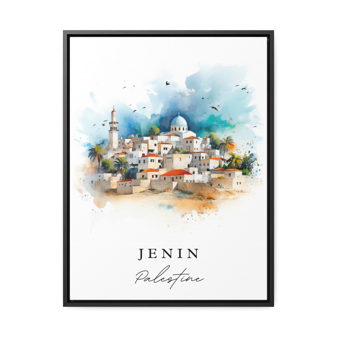 Jenin Palestine White Hillside Old Town Watercolor Travel Poster - Image 3