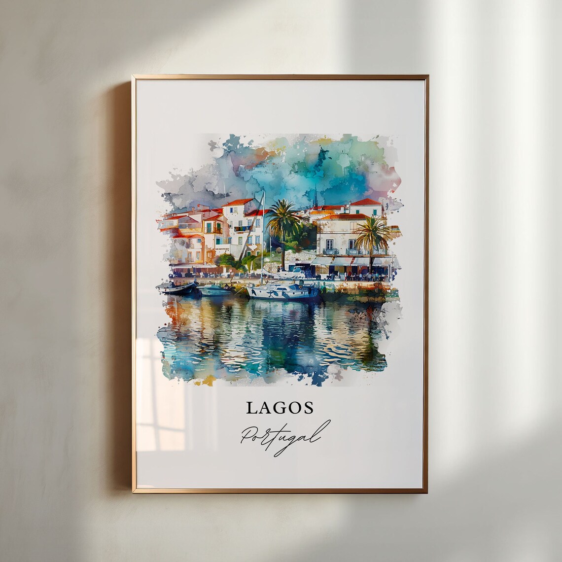 Lagos Portugal Algarve Marina Palm Harbor Watercolor Town Poster