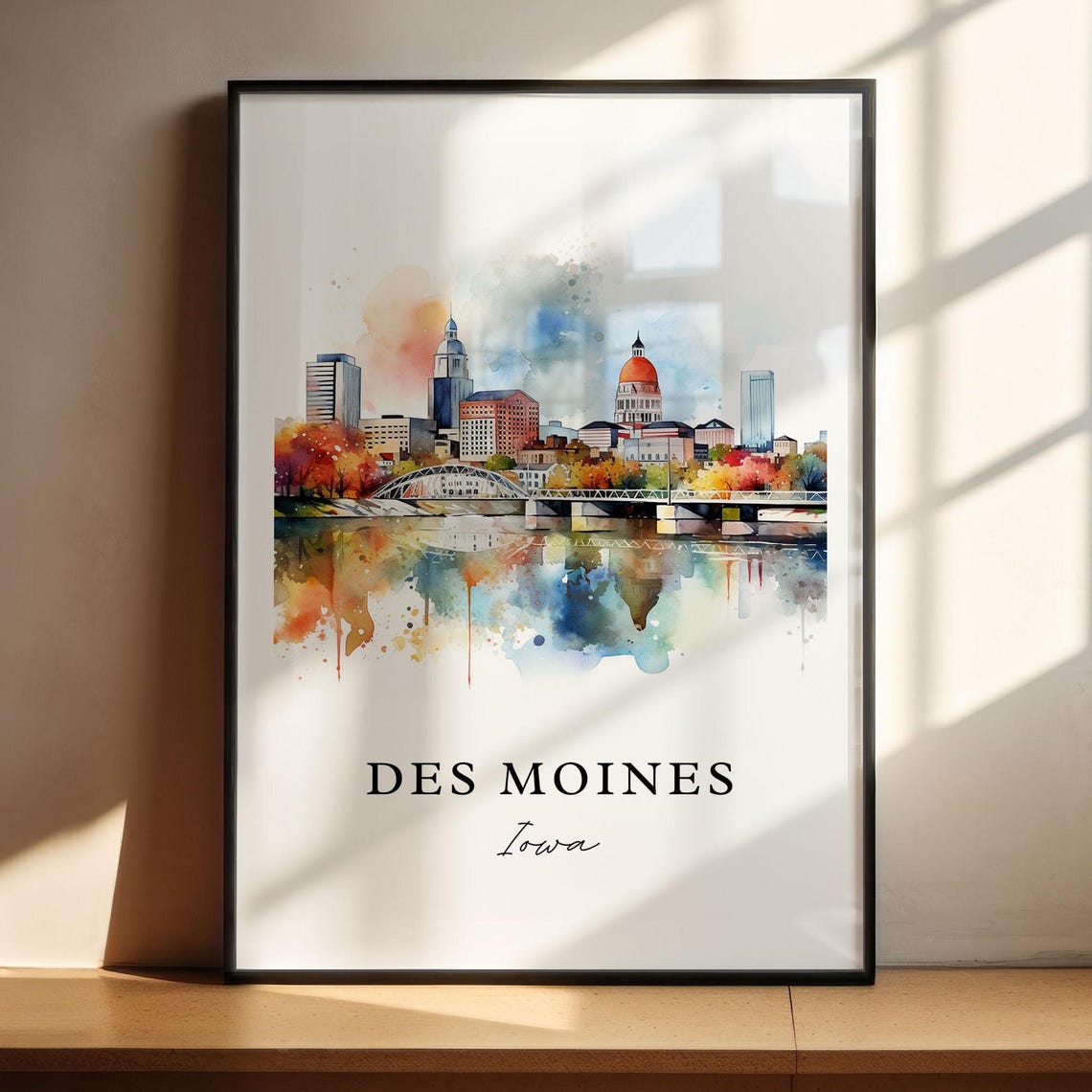 Des Moines Iowa Gold Dome Capitol Skyline Bridge Watercolor Poster