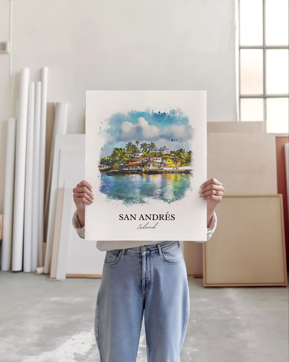 San Andres Island Caribbean Palm Houses Watercolor Travel Poster - Image 5
