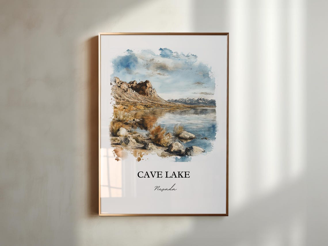 Cave Lake Nevada Rocky Desert Shore Watercolor Landscape Poster - Image 2