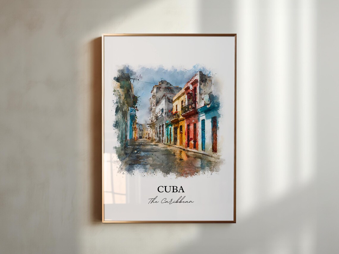Cuba Caribbean Colorful Colonial Street Watercolor Art Poster - Image 4