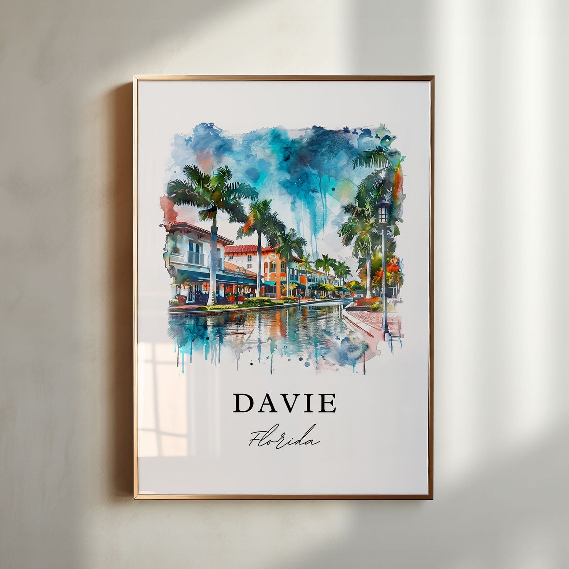 Davie Florida Watercolor Waterfront Promenade Palm Trees Poster - Image 6