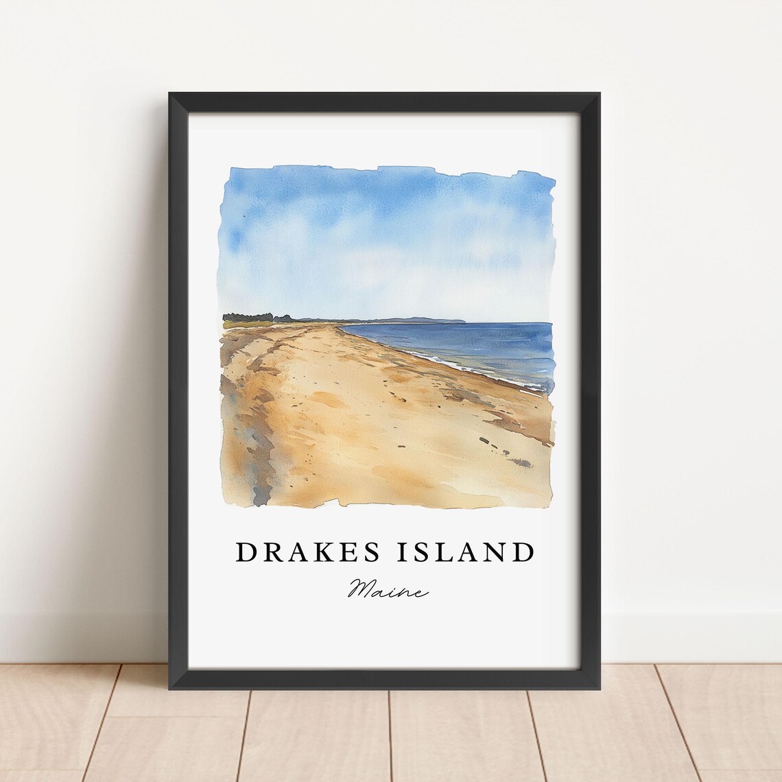 Drakes Island Maine Serene Sandy Beach Coastal Watercolor Poster