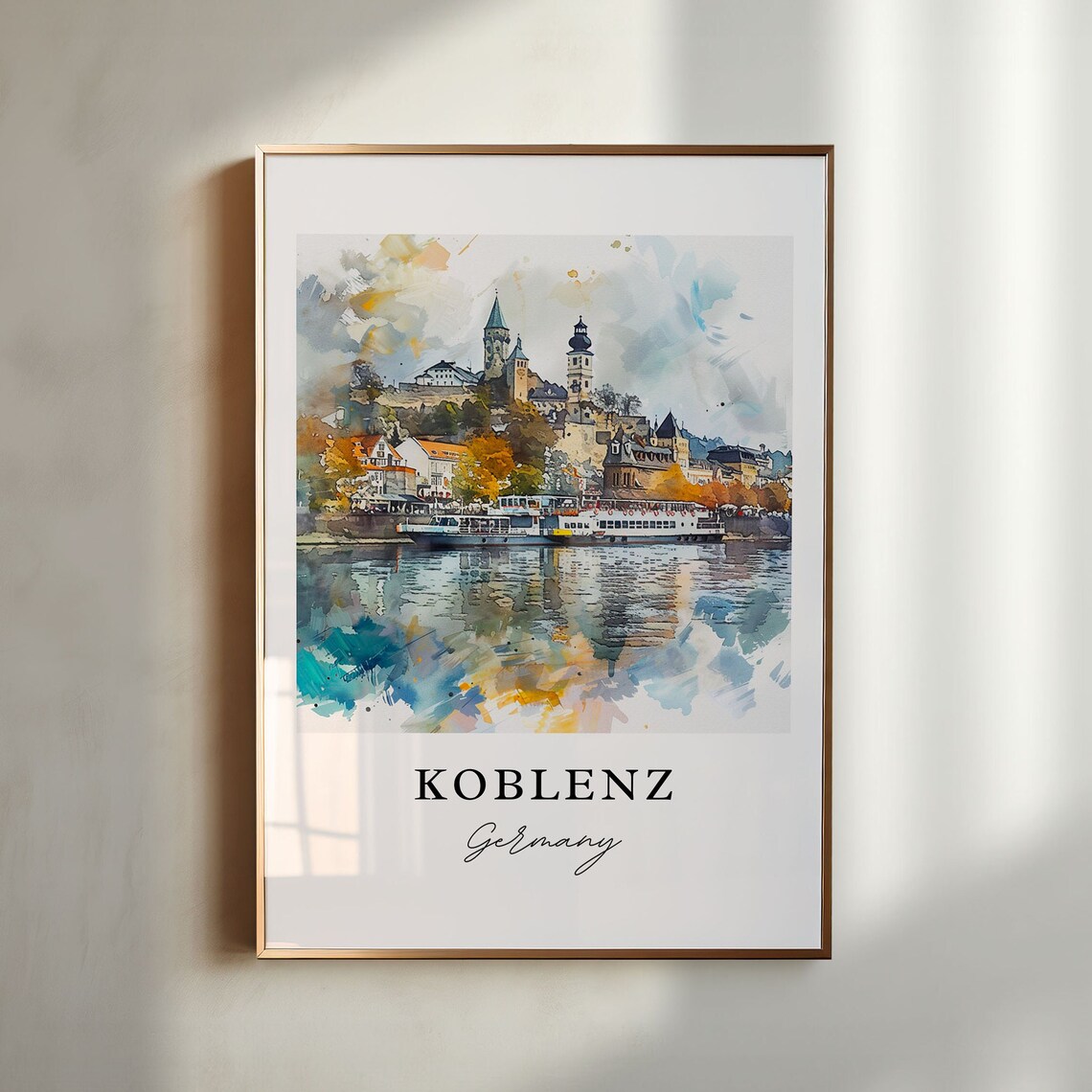 Koblenz Germany Rhine Riverfront Castle Watercolor Travel Poster