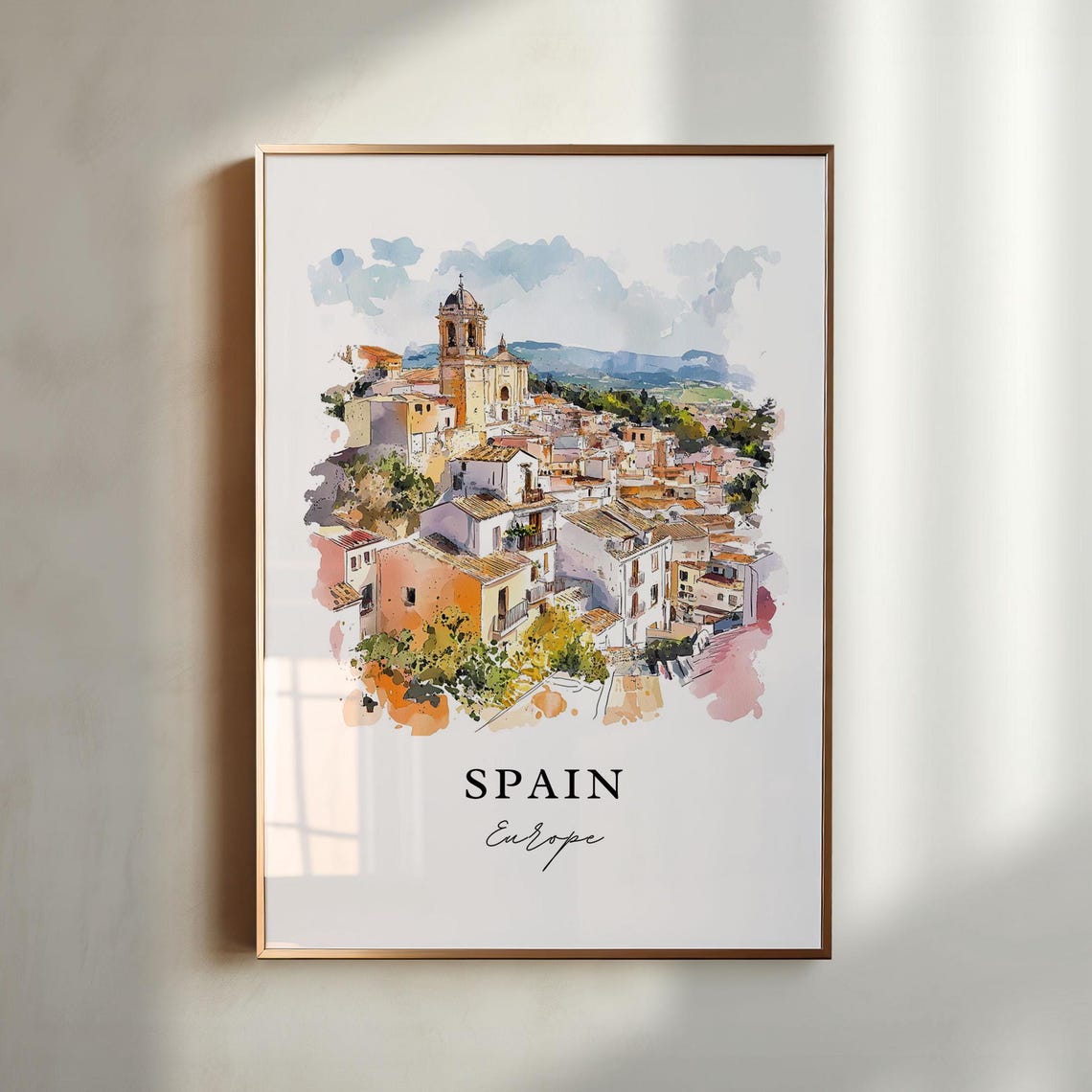 Spain Europe White Hilltop Village Watercolor Old Town Poster