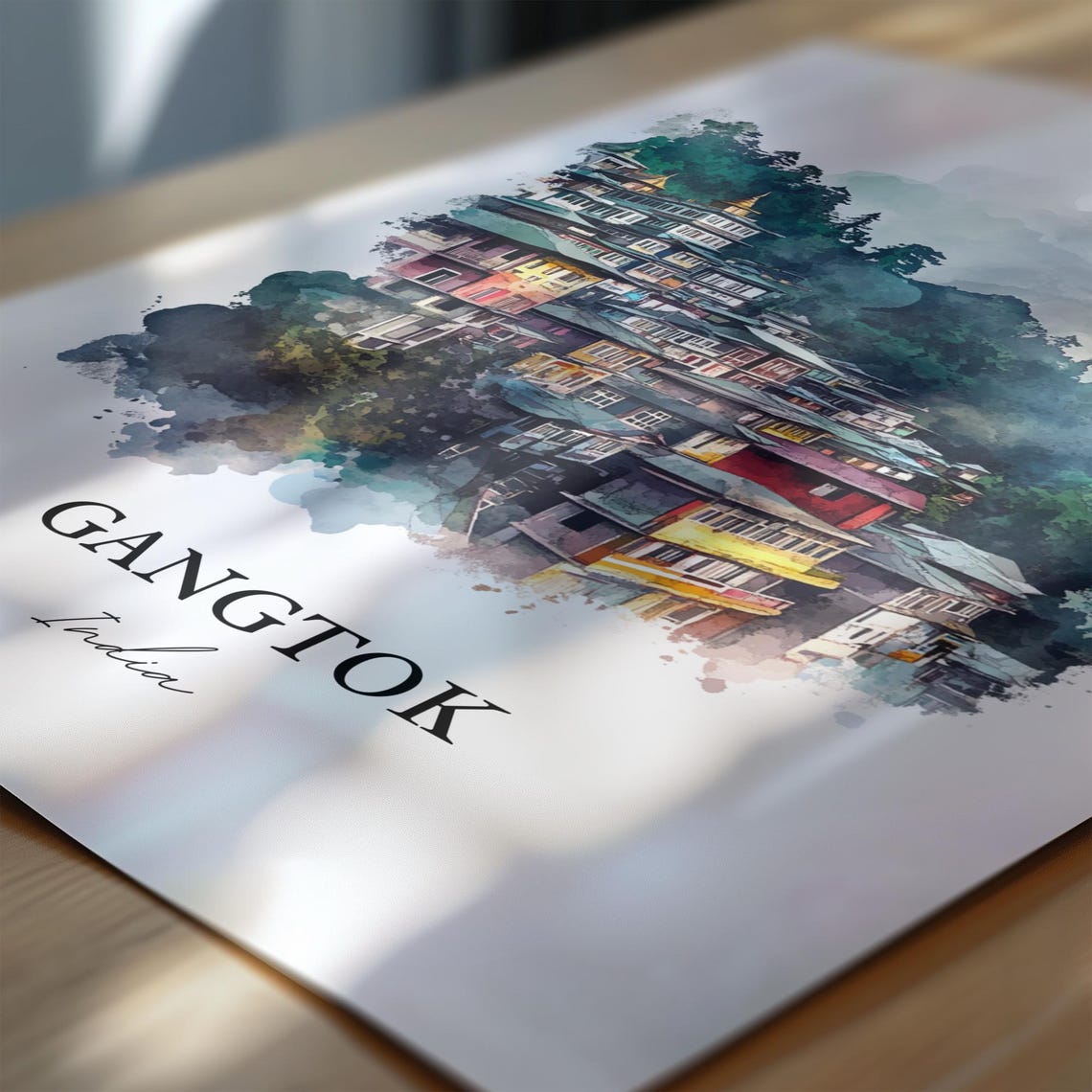 Gangtok India Watercolor Hillside Mountain Town Misty Poster - Image 7