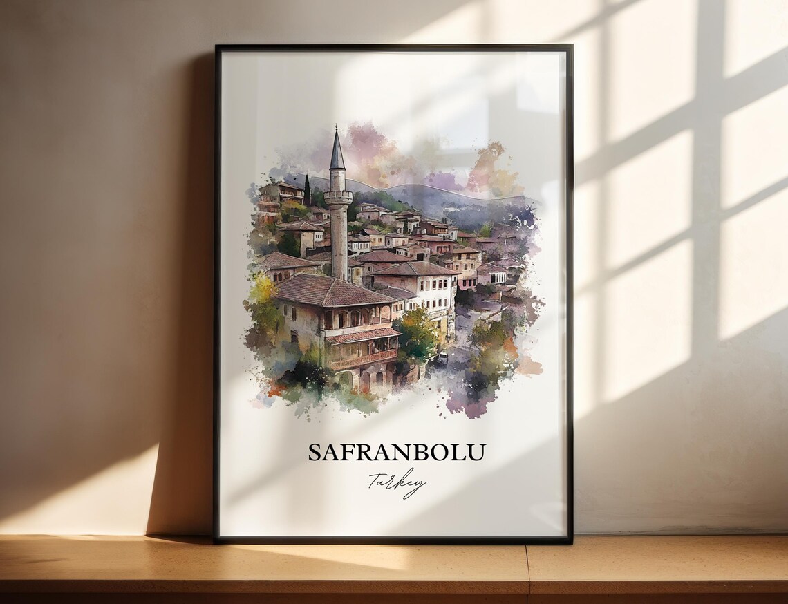 Safranbolu Turkey Watercolor Ottoman Houses Minaret Travel Poster