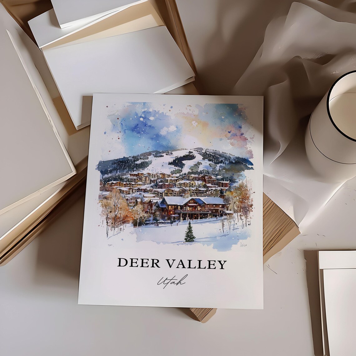 Deer Valley Utah Snowy Ski Resort Watercolor Winter Travel Poster - Image 3