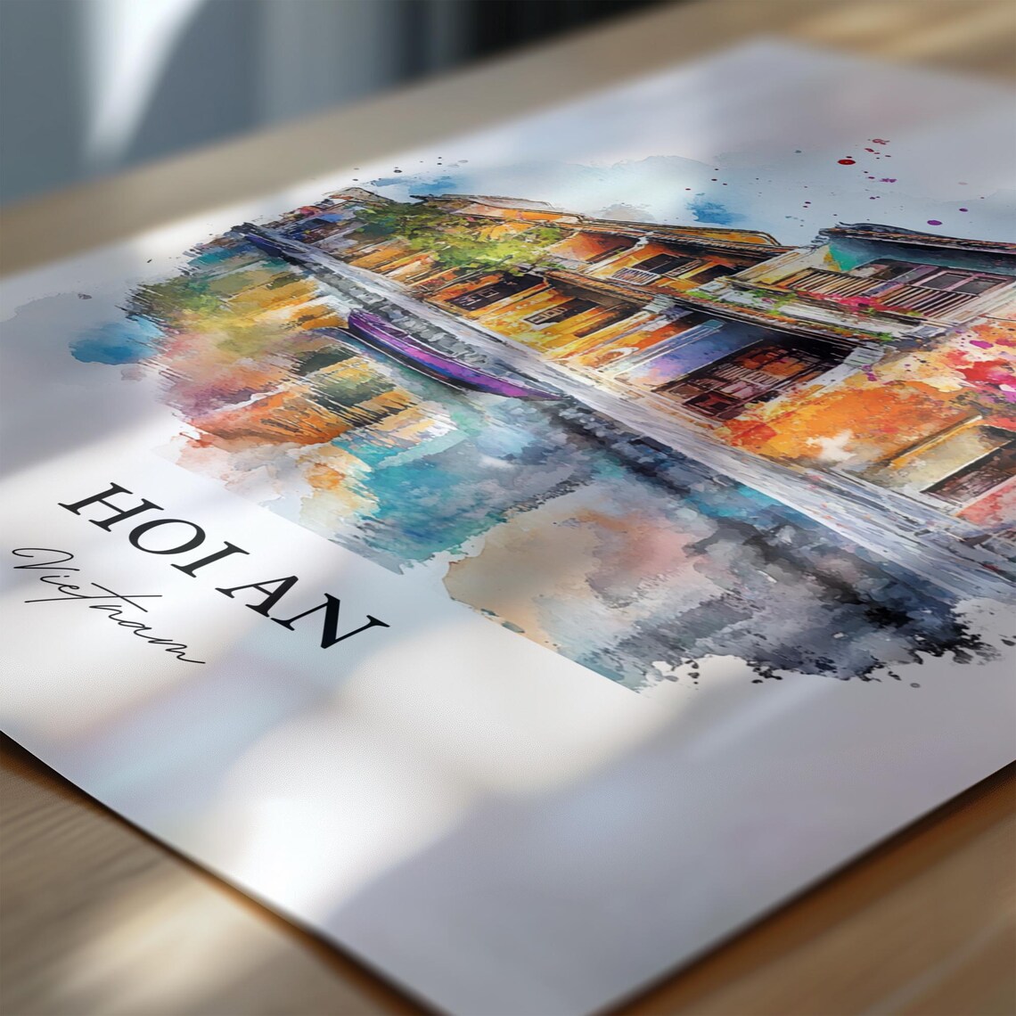 Hoi An Vietnam Watercolor Art Old Town Canal Street Lantern Poster - Image 6