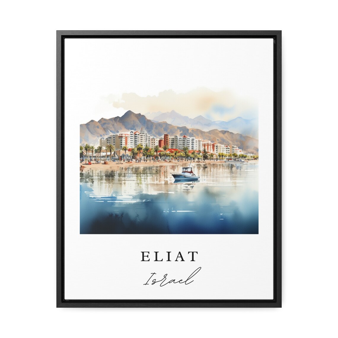 Eliat Israel Watercolor Beach Resort Boats Mountain Bay Travel Poster - Image 2