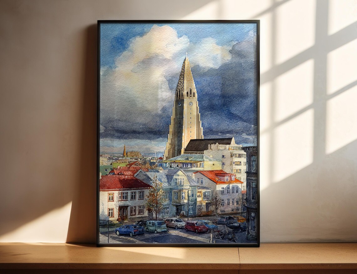 Church Over Colorful Rooftops Watercolor Cityscape View Poster