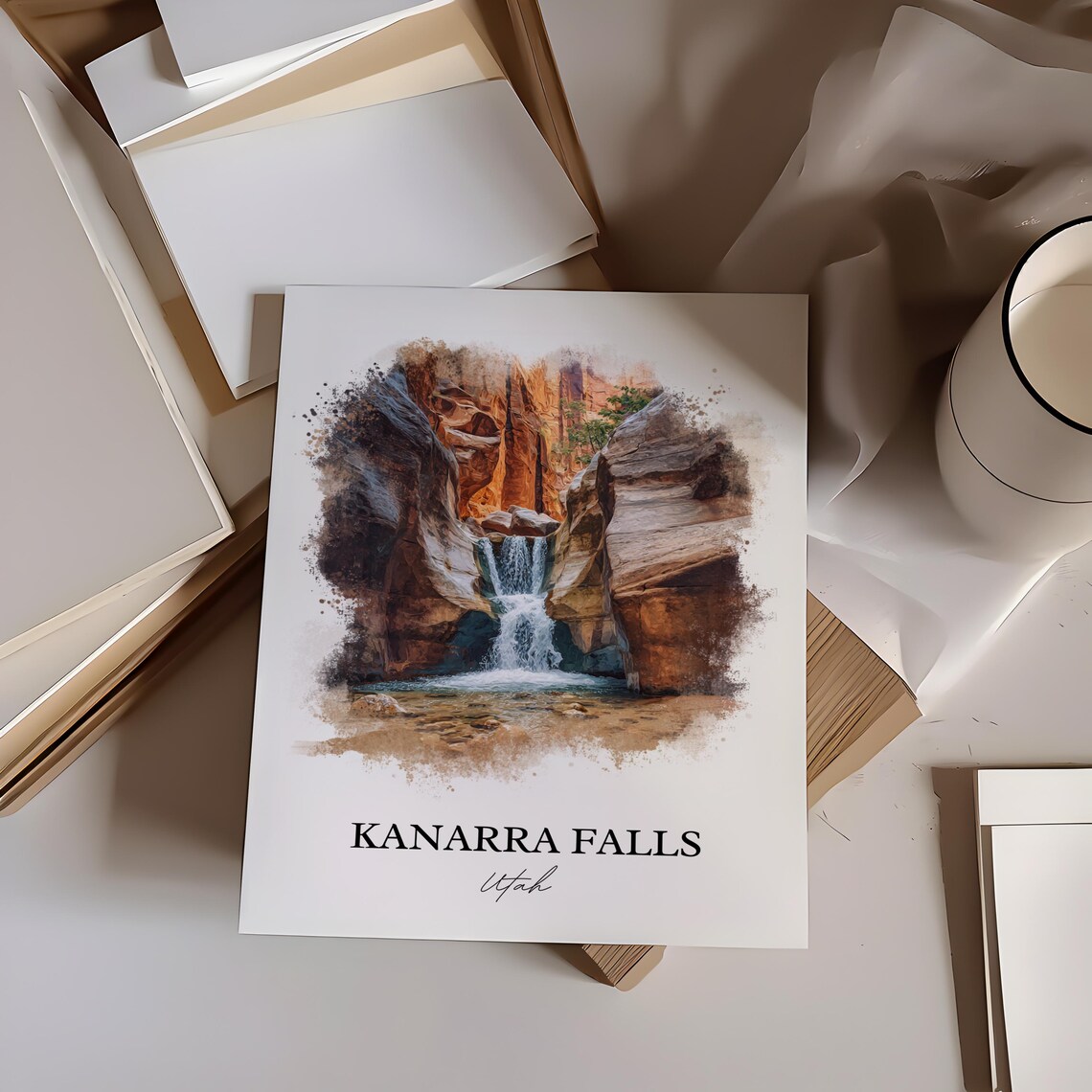 Kanarra Falls Utah Red Slot Canyon Cascade Watercolor Poster - Image 2