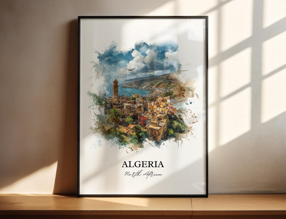 Algeria North Africa Seaside Old Town Watercolor Travel Poster