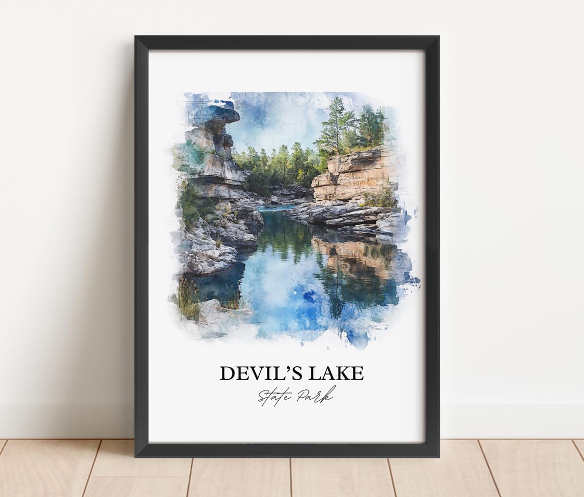 Devil's Lake State Park Watercolor Rocky Cove Cliffs Pine Trees Poster - Image 5