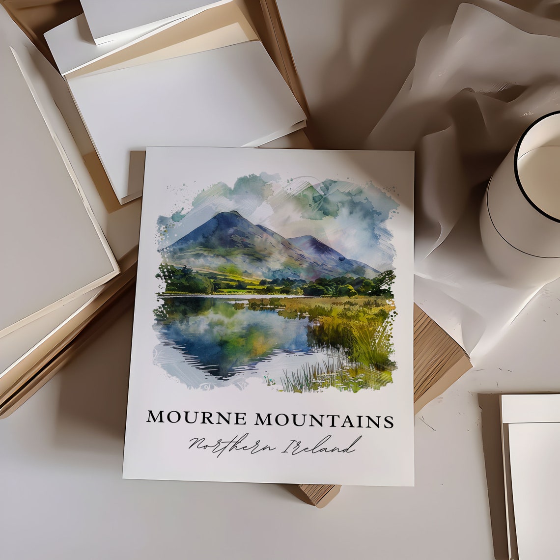 Mourne Mountains Northern Ireland Lake Reflection Watercolor Poster - Image 6