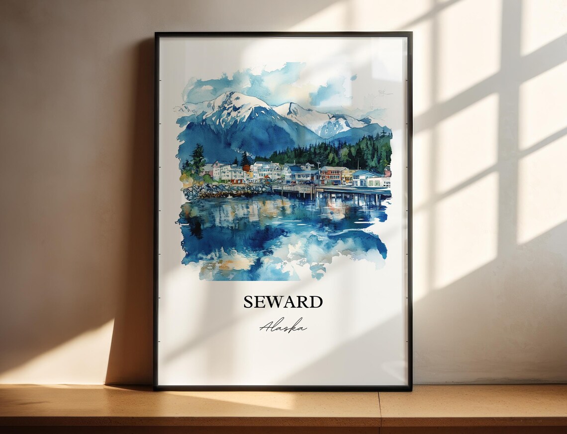 Seward Alaska Harbor Town Snowy Mountain Watercolor Travel Poster - Image 4