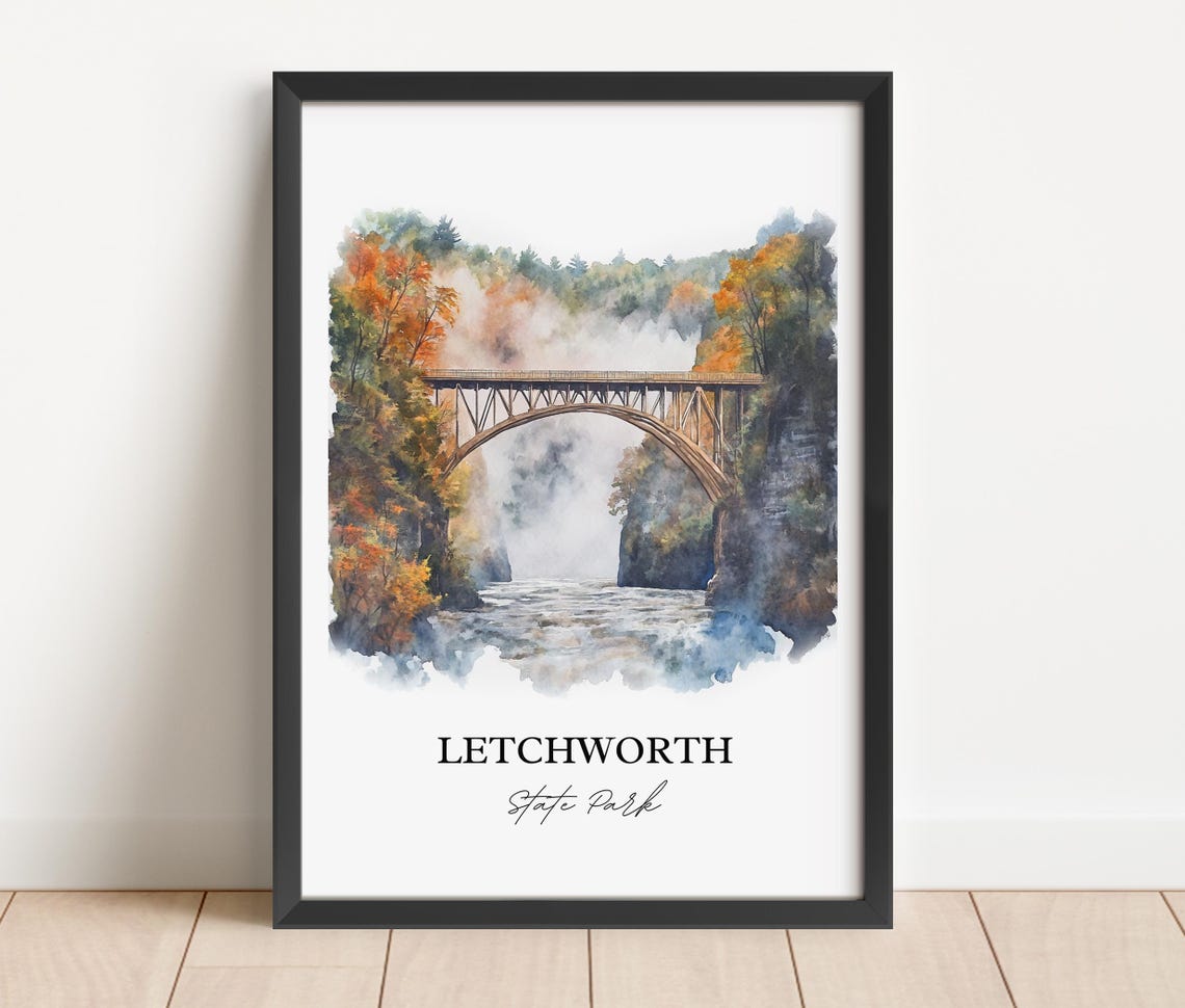 Letchworth State Park Watercolor Gorge Bridge Falls Scene Poster - Image 2