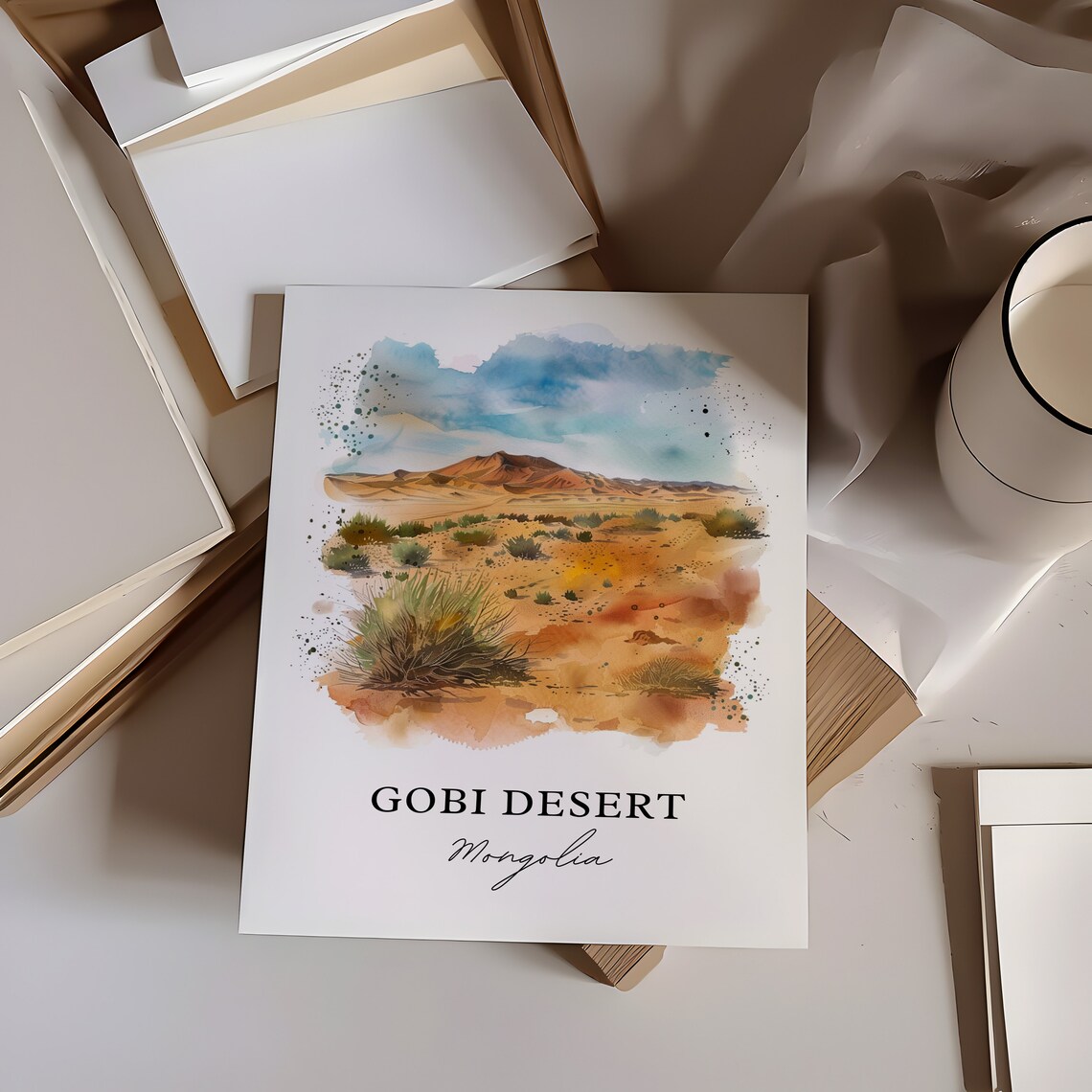 Gobi Desert Mongolia Dunes Steppe Watercolor Landscape Travel Poster - Image 6