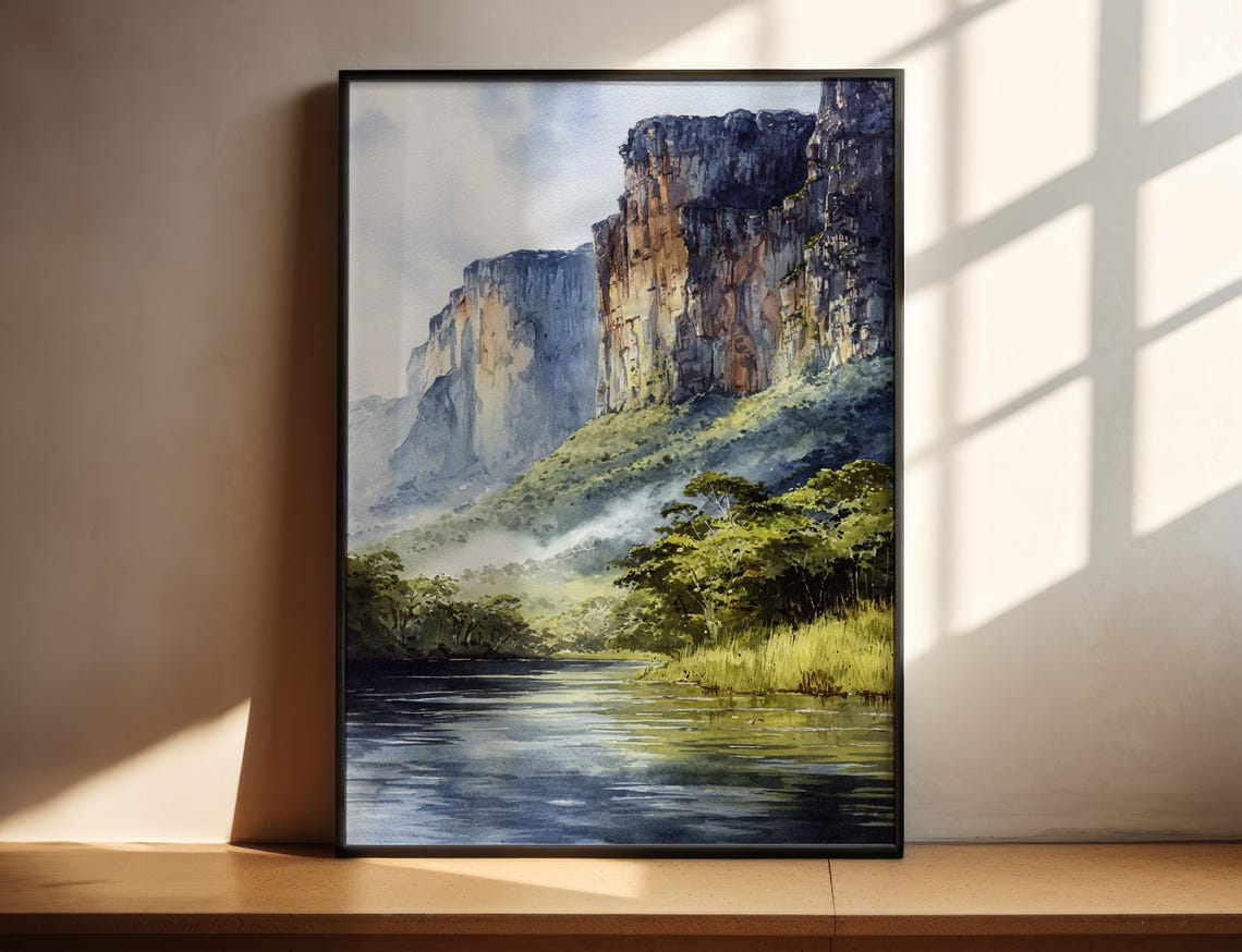 Canaima National Park Venezuela Tepui Cliffs River Watercolor Wall Art