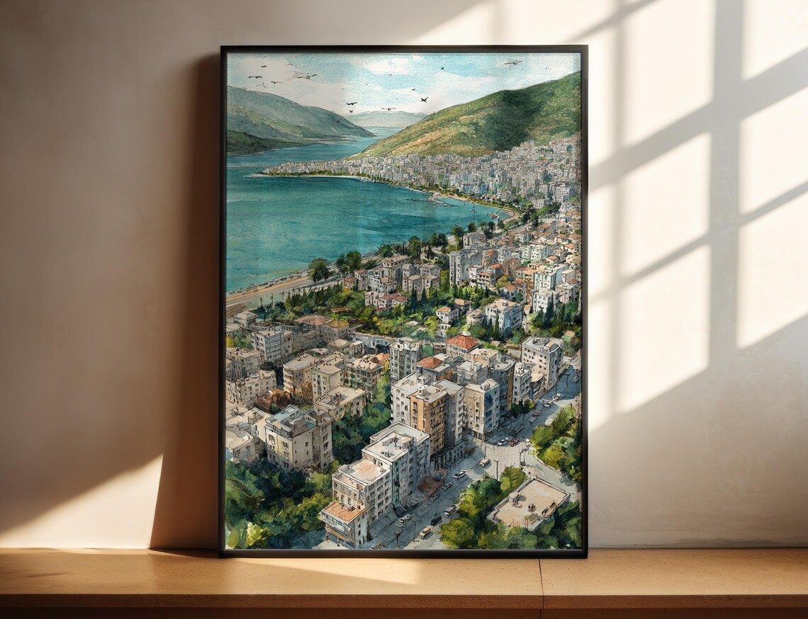 Sarand Albania Bay Watercolor Coastal Cityscape Mountain View Print