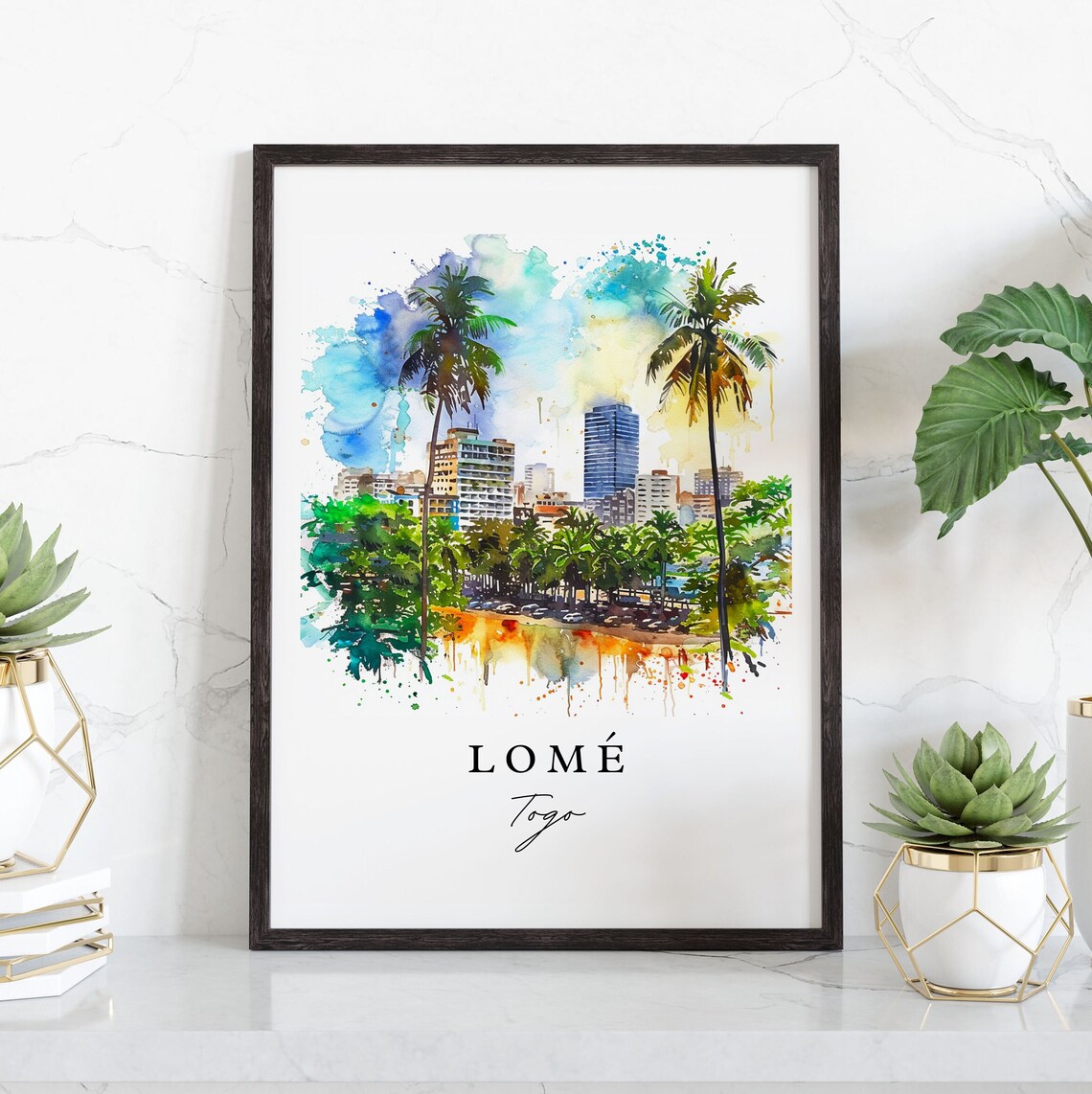 Lome Togo Watercolor Skyline Palm Waterfront West Africa Art Poster - Image 4