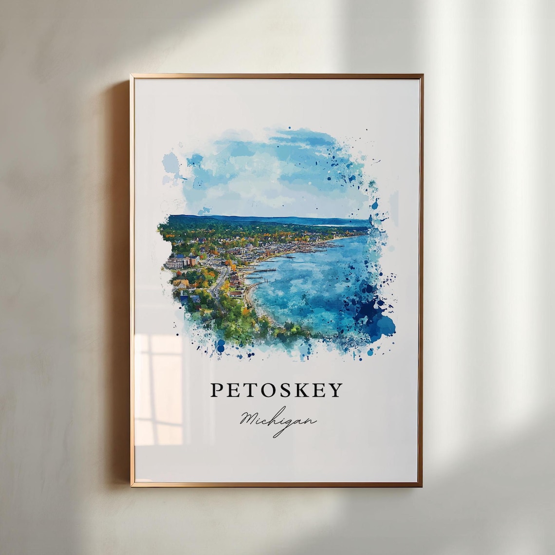 Petoskey Michigan Lakefront Watercolor Cityscape Scenic Art Print
