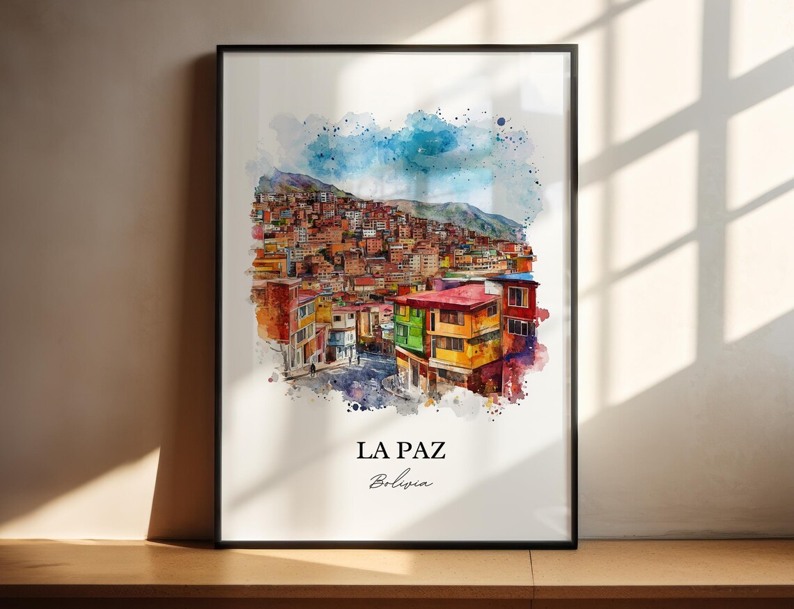 La Paz Bolivia Hillside Colorful Houses Watercolor Travel Art Poster