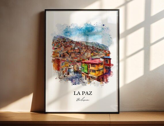 La Paz Bolivia Hillside Colorful Houses Watercolor Travel Art Poster