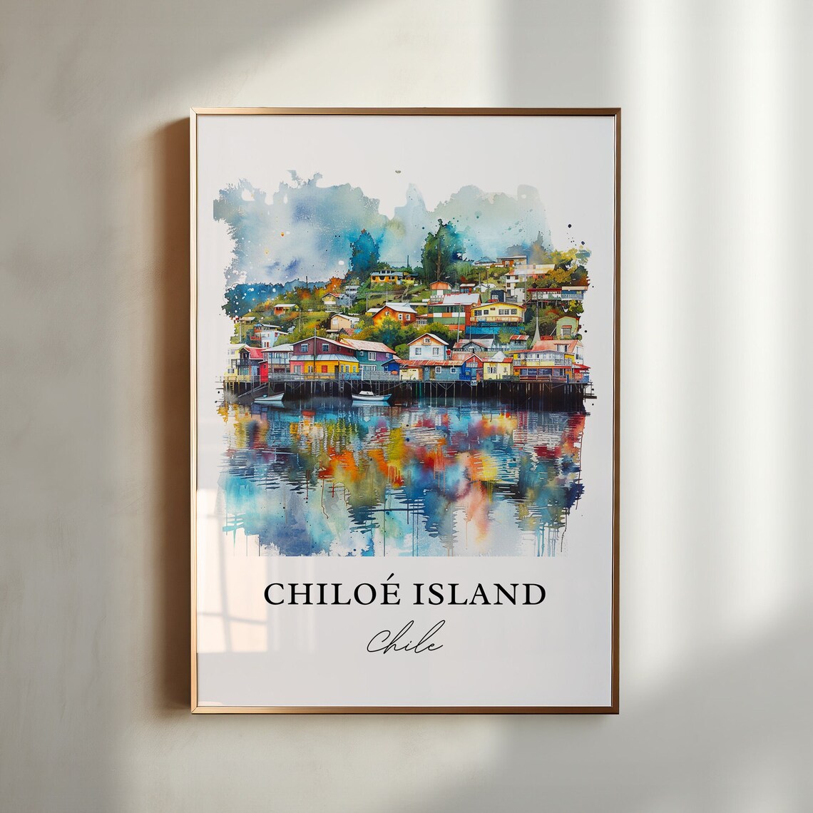 Chiloe Island Chile Colorful Palafitos Watercolor Travel Poster