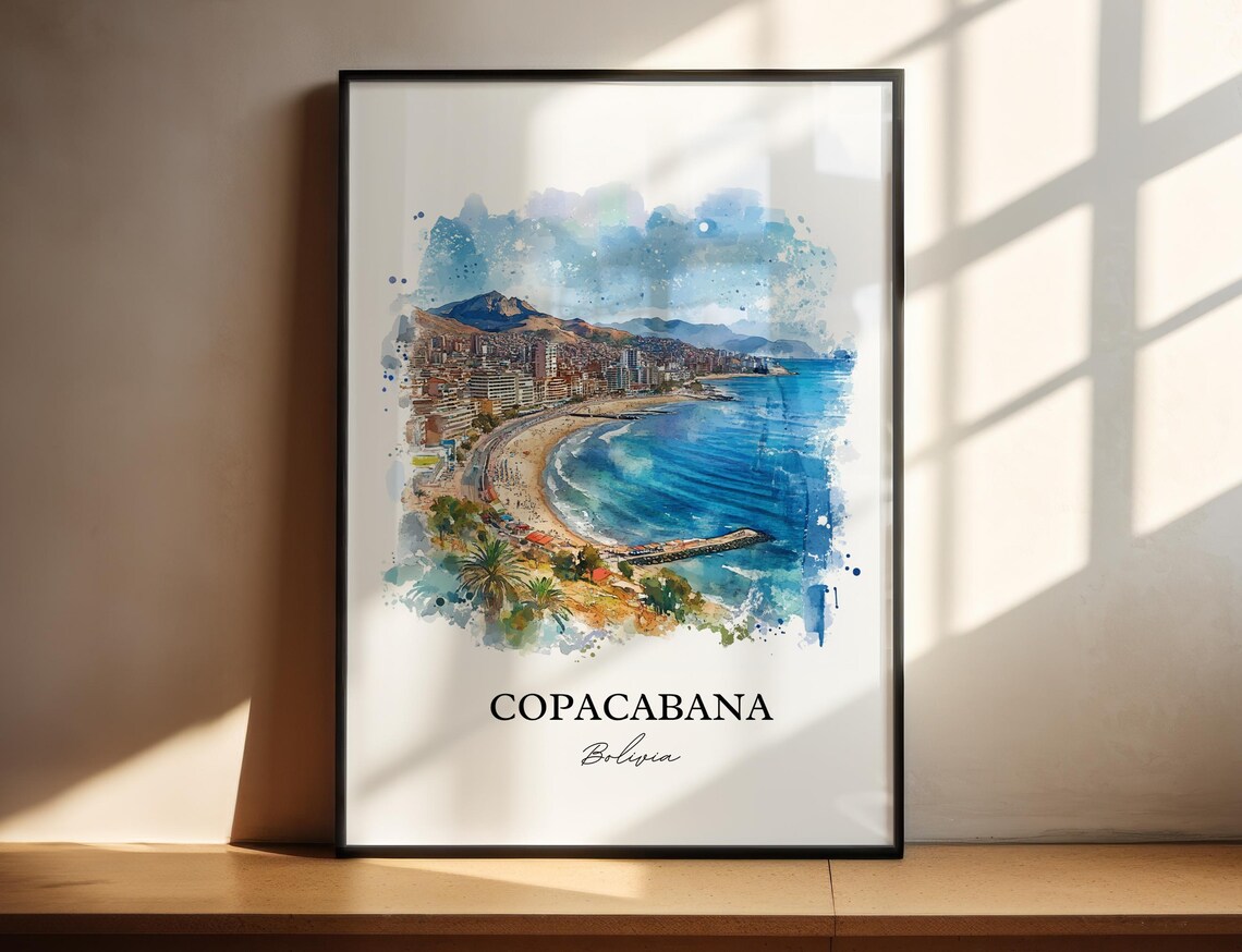 Copacabana Bolivia Watercolor Lake Shore Cityscape Travel Poster