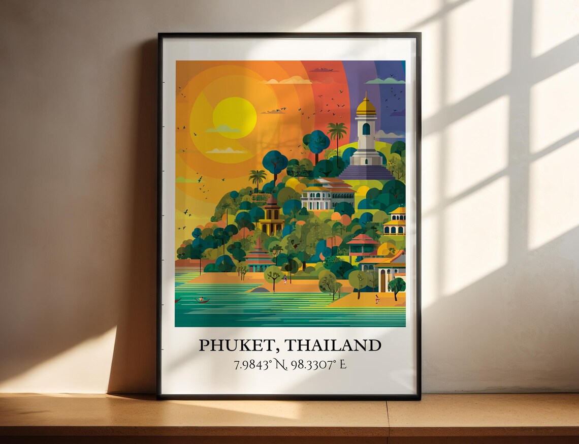 Phuket Thailand Sunset Hill Temple Bell Tower Retro Travel Art Poster