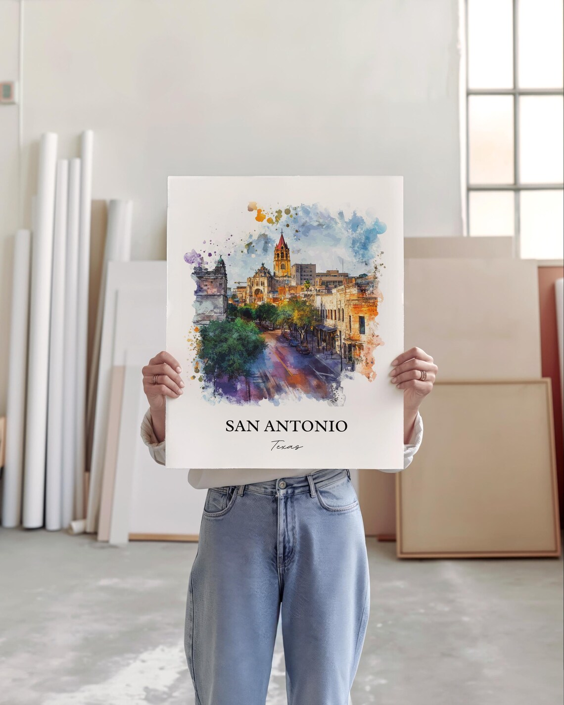 San Antonio Texas Historic Cathedral Street Watercolor Travel Poster - Image 4