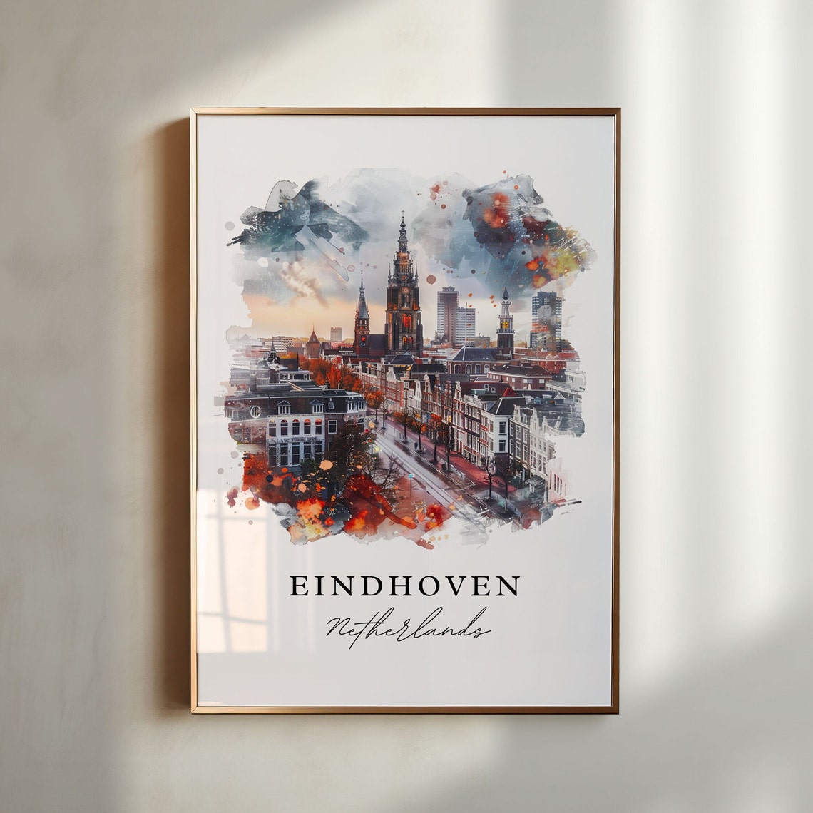 Eindhoven Netherlands Watercolor City Skyline Church Tower Poster