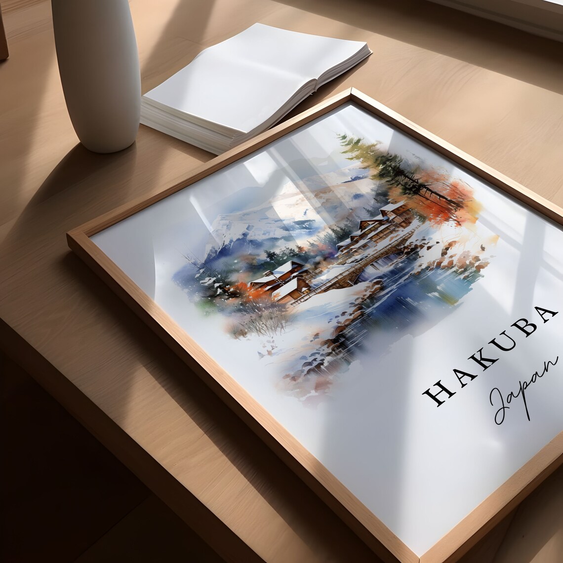 Hakuba Japan Watercolor Snowy Alpine Mountain Village Scene Poster - Image 4