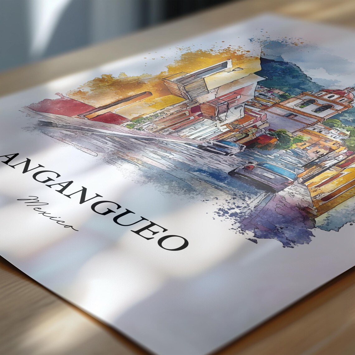 Angangueo Mexico Colorful Colonial Street Church Watercolor Poster - Image 6