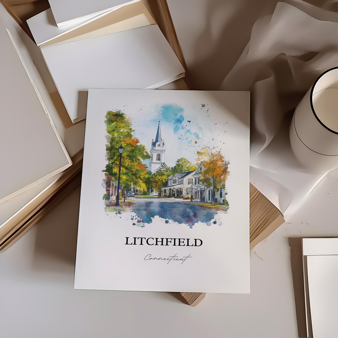 Litchfield Connecticut New England Church Street Watercolor Poster - Image 3