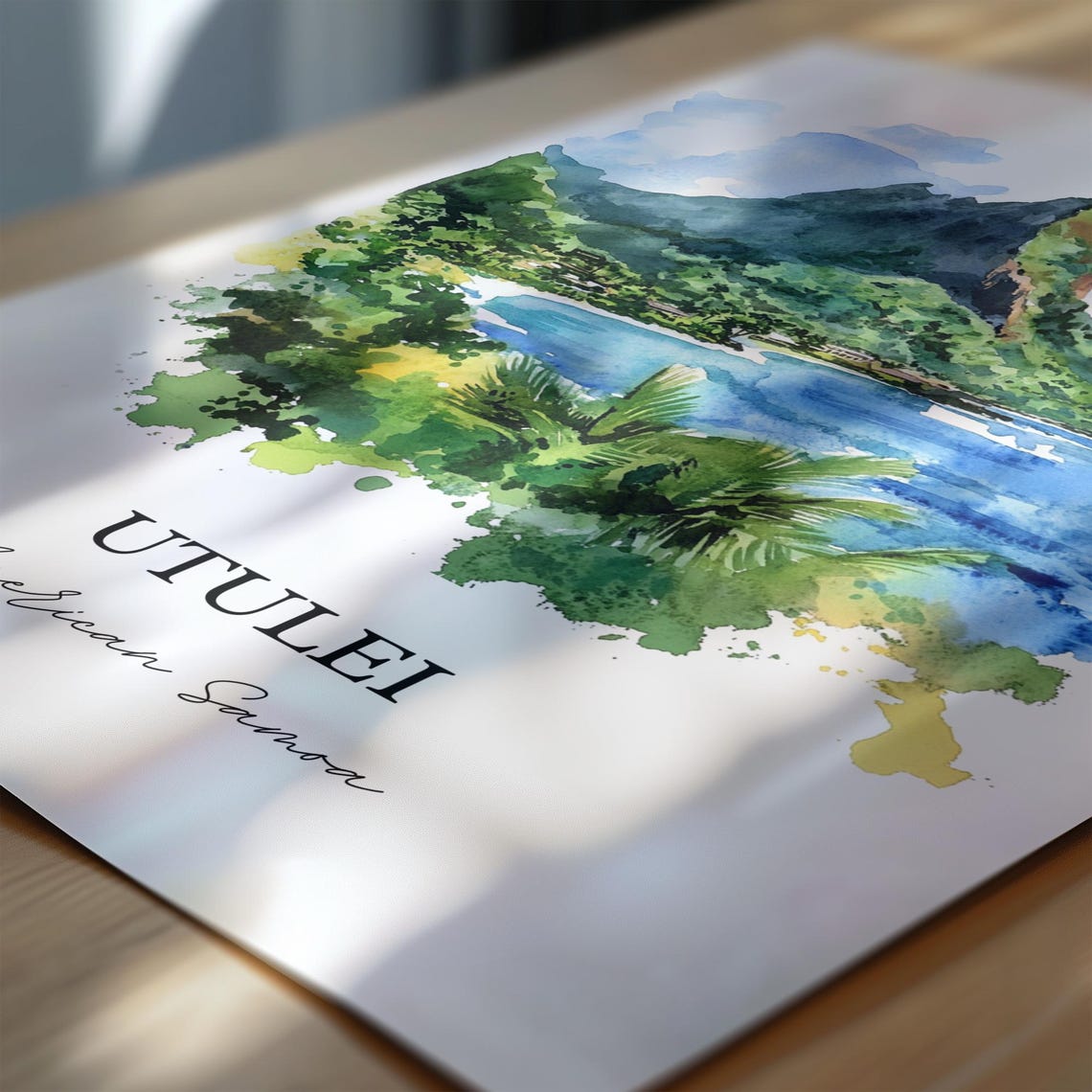 Utulei American Samoa Twin Peaks Bay Coastal Watercolor Poster - Image 7