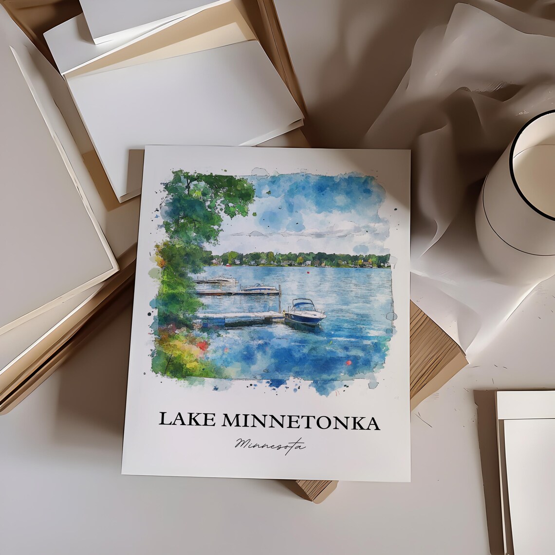Lake Minnetonka Minnesota Summer Dock and Boats Watercolor Poster - Image 2