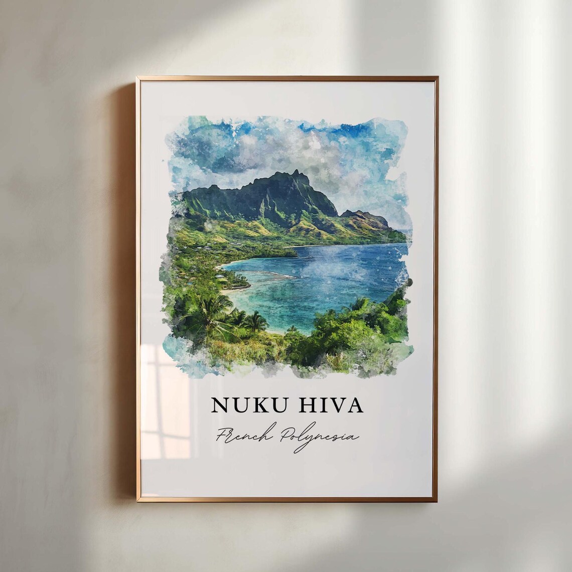 Nuku Hiva French Polynesia Lush Volcanic Island Bay Watercolor Poster