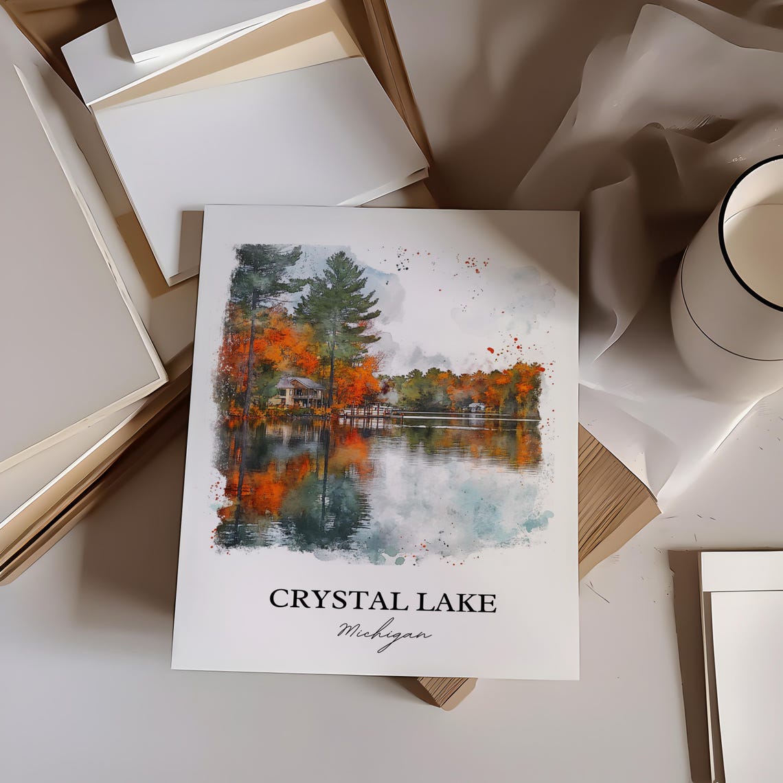 Crystal Lake Michigan Autumn Cabin Foliage Reflection Poster - Image 3