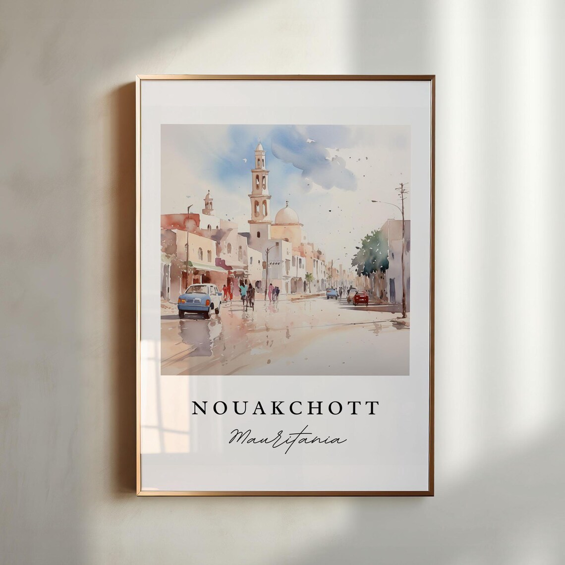 Nouakchott Mauritania Street Mosque Dome Watercolor Travel Poster