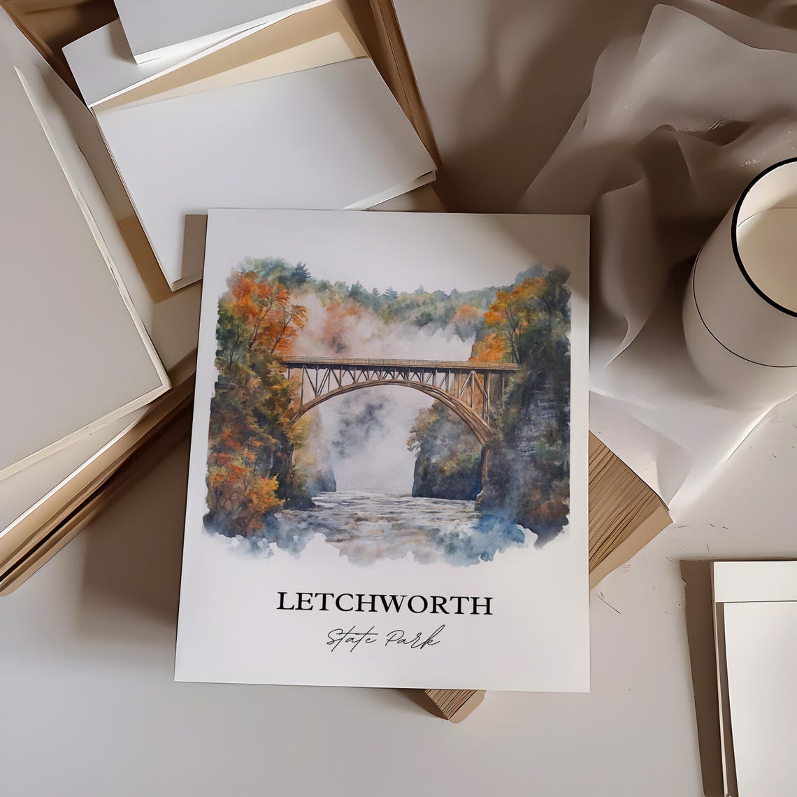 Letchworth State Park Watercolor Gorge Bridge Falls Scene Poster - Image 3