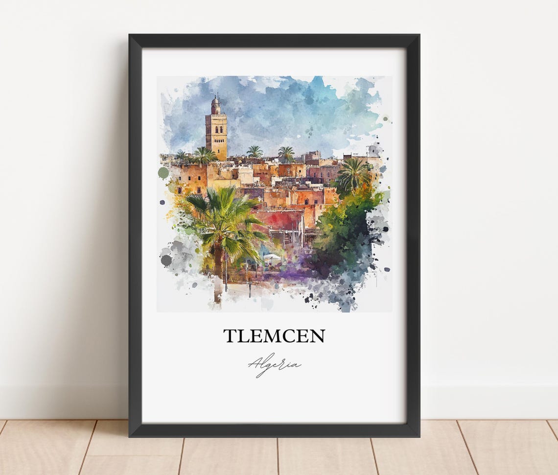 Tlemcen Algeria Moorish Old Town Minaret Watercolor Travel Poster - Image 4
