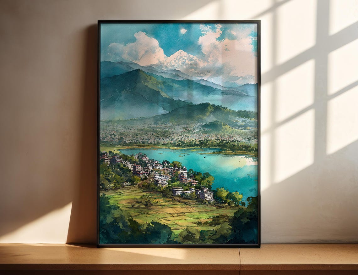 Pokhara Nepal Annapurna Mountain Lake Reflection Watercolor Poster